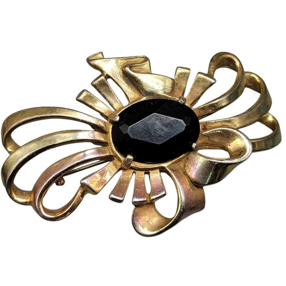 Large Vermeil Bow Brooch Gold on Sterling Silver Black Fauceted Stone Vintage